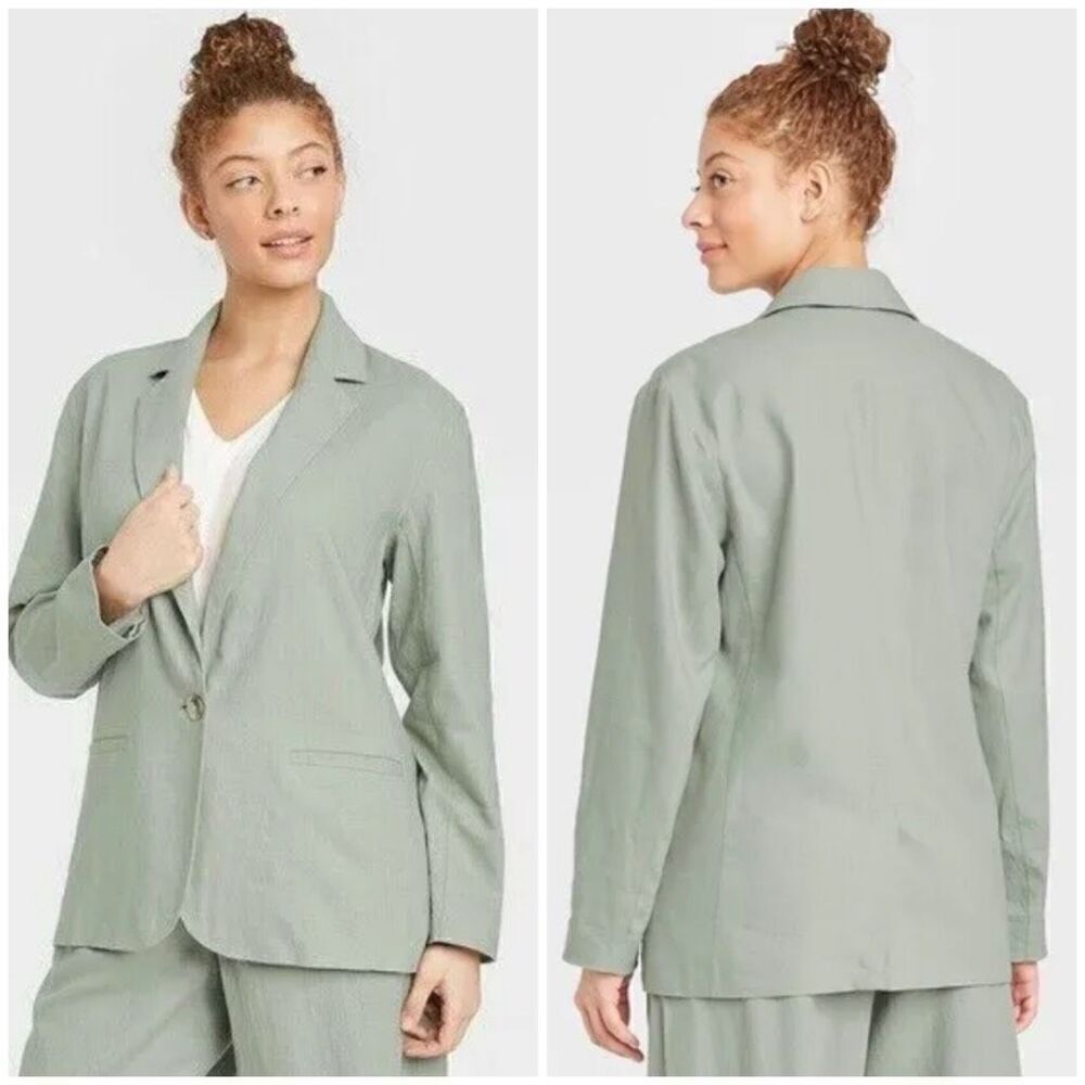 A New Day Sage Green Linen Blend Single Breasted Casual Blazer Jacket size M